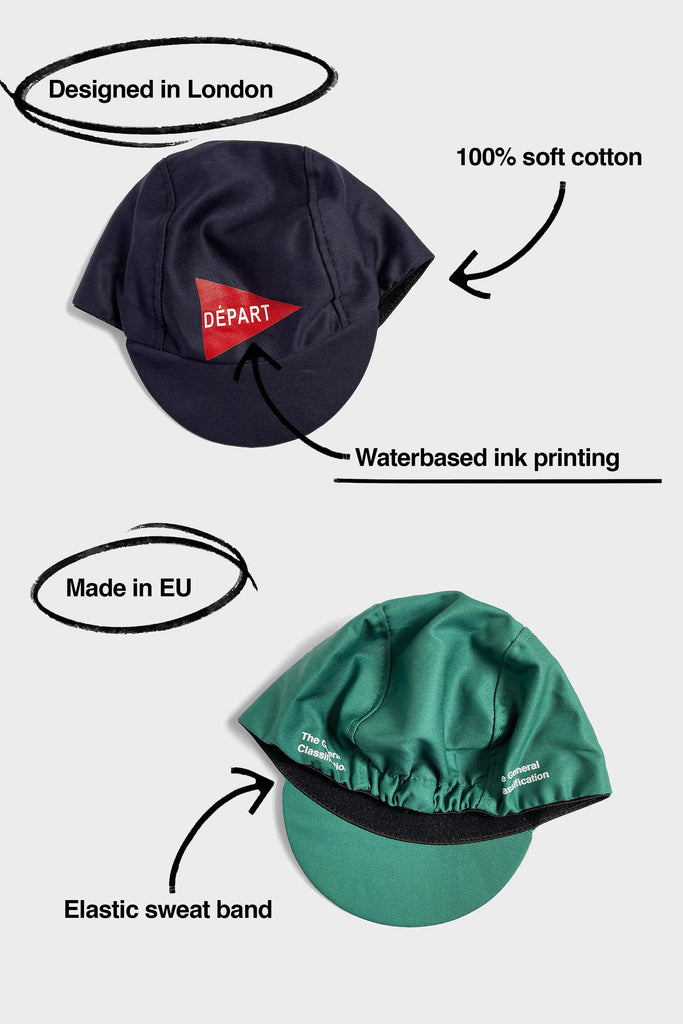 Picture of cycling caps with details about where they are designed and made.