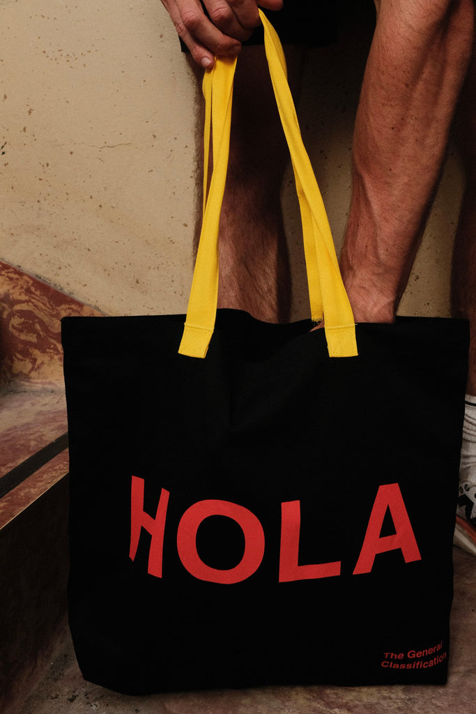 Black Tote bag with Yellow handles Hola print